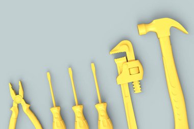 Gri arkaplandaki monokrom inşaat araçlarının üst görüntüsü. Tesisatçı ya da tamirci için 3D tasvir ve hizmet afişi