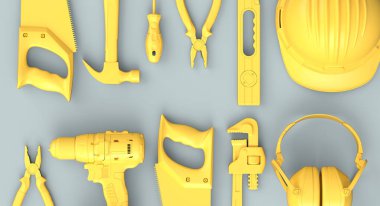 Gri arkaplandaki monokrom inşaat araçlarının üst görüntüsü. Tesisatçı ya da tamirci için 3D tasvir ve hizmet afişi