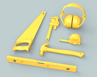 Gri arkaplandaki monokrom inşaat araçlarının üst görüntüsü. Tesisatçı ya da tamirci için 3D tasvir ve hizmet afişi