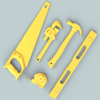 Gri arkaplandaki monokrom inşaat araçlarının üst görüntüsü. Tesisatçı ya da tamirci için 3D tasvir ve hizmet afişi