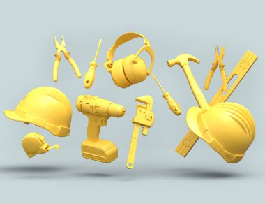 Gri arka planda monokrom tamir ve montaj için uçan inşaat araçları. Tesisatçı ya da tamirci için 3D tasvir ve hizmet afişi