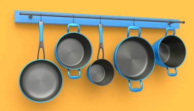 Paslanmaz çelik güveç seti, kızartma tavası ve krom kaplama tencereler turuncu arka planda rafta asılı duruyor. Yapışmayan mutfak gereçlerinin 3D görüntüsü