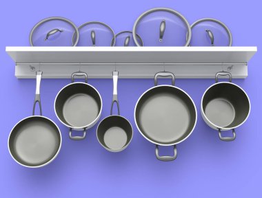 Paslanmaz çelik güveç seti, kızartma tavası ve krom kaplama alüminyum tencere ve menekşe arka planında cam kapağı asılı. Yapışmayan mutfak gereçlerinin 3D görüntüsü