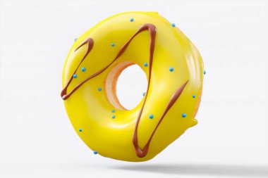 Beyaz arka planda çikolata kaplı donut serpiştirilmiş. 3D tasvir ve pasta ve şekerlemelerin tasviri