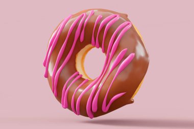 Pembe arka planda çikolata kaplı donut serpiştirilmiş. 3D tasvir ve pasta ve şekerlemelerin tasviri