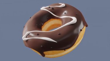 Gri arka planda dönen çikolata kaplı donutla birlikte. 3D tasvir ve pasta ve şekerlemelerin tasviri