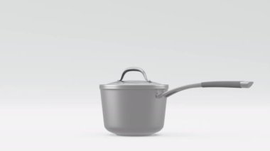 Cam kapaklı paslanmaz çelik kızartma tavası ve beyaz zemin üzerinde krom kaplama alüminyum yemek takımı. Yapışmayan mutfak gereçlerinin 3D görüntüsü