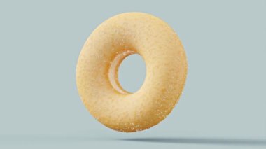 Gri arka planda dönen çikolata kaplı donutla birlikte. 3D tasvir ve pasta ve şekerlemelerin tasviri