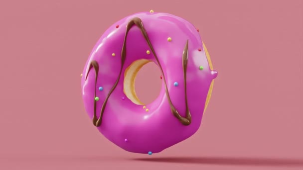 巧克力釉面甜甜圈与洒水旋转的粉红色背景 糕点及糖果的3D渲染及图解 — 图库视频影像