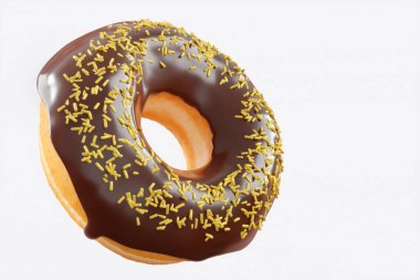 Beyaz arka planda çikolata kaplı donut serpiştirilmiş. 3D tasvir ve pasta ve şekerlemelerin tasviri