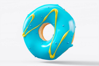 Beyaz arka planda çikolata kaplı donut serpiştirilmiş. 3D tasvir ve pasta ve şekerlemelerin tasviri