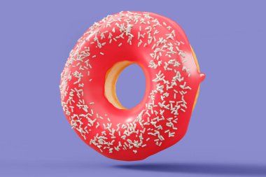 Çikolata kaplı donut, menekşe arkaplanına serpiştirilmiş. 3D tasvir ve pasta ve şekerlemelerin tasviri