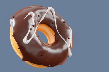 Gri arka planda çikolata kaplı donut serpiştirilmiş. 3D tasvir ve pasta ve şekerlemelerin tasviri