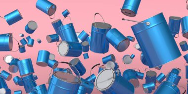 Pembe arka planda bir sürü uçan metal kutu ya da kova var. 3D yenileme konsepti ve iç tasarım