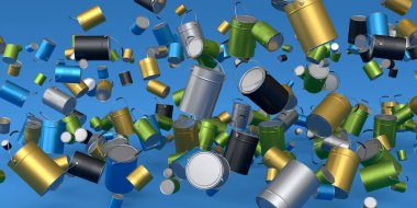 Mavi arka planda bir sürü uçan metal kutu ya da kova var. 3D yenileme konsepti ve iç tasarım