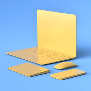 Realistic aluminum laptop with trackpad, mouse and phone isolated on violet background. 3D rendering concept of creative designer equipment and compact workspace