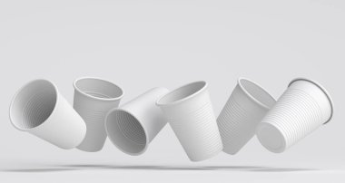 Tek renkli arka planda izole edilmiş plastik tek kullanımlık parti bardağı. Meyve suyu, taze, bira için 3D servis bardağı.