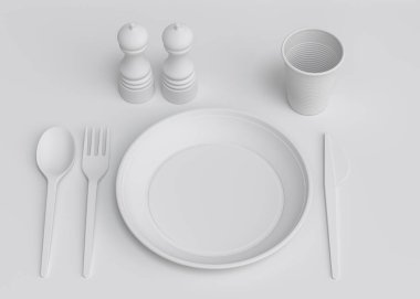 Tek renk arka planda tabak, kaşık, bıçak, bardak, biber ve tuz değirmeni gibi tek kullanımlık aletler. 3D dünyayı kurtarma ve sıfır atık kavramı