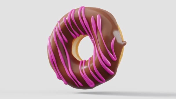 巧克力釉面甜甜圈 喷雾器在白色背景上旋转 糕点及糖果的3D渲染及图解 — 图库视频影像