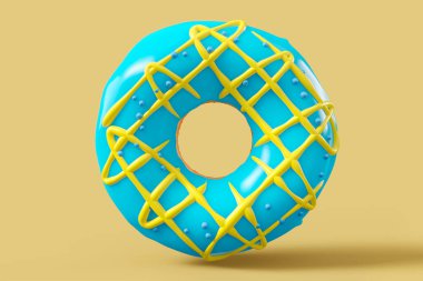 Sarı arka planda çikolata kaplı donut serpiştirilmiş. 3D tasvir ve pasta ve şekerlemelerin tasviri