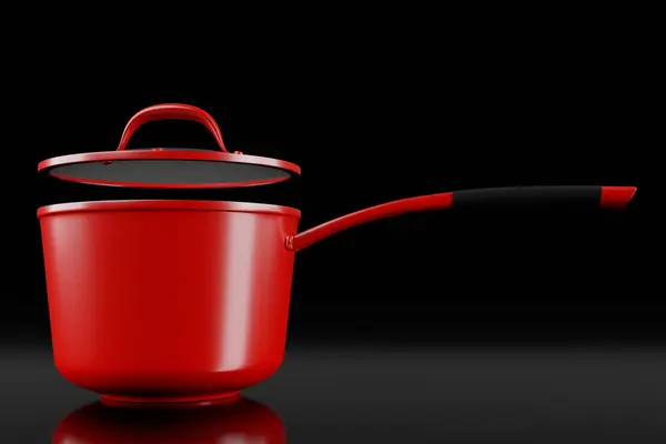 Stainless steel cooker with lid and chrome plated aluminum cookware on black background. 3d render of non-stick kitchen utensils
