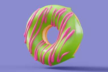 Çikolata kaplı donut, menekşe arkaplanına serpiştirilmiş. 3D tasvir ve pasta ve şekerlemelerin tasviri