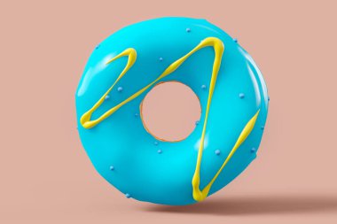 Pembe arka planda çikolata kaplı donut serpiştirilmiş. 3D tasvir ve pasta ve şekerlemelerin tasviri