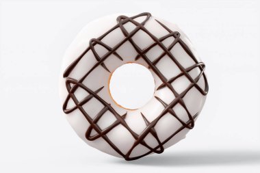 Beyaz arka planda çikolata kaplı donut serpiştirilmiş. 3D tasvir ve pasta ve şekerlemelerin tasviri