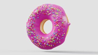 Çikolata kaplı donut ve beyaz arka planda dönen parçacıklar. 3D tasvir ve pasta ve şekerlemelerin tasviri