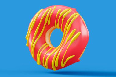 Çikolata kaplı donut, mavi arka planda serpiştirilmiş. 3D tasvir ve pasta ve şekerlemelerin tasviri