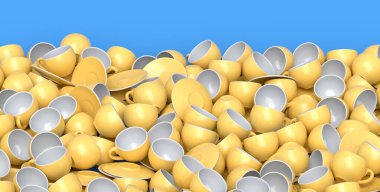 Espresso, kahve, kahve, kakao, çay kaşığı ve tabaklar için mavi arka planda seramik kahve kupası yığını. Geri dönüşüm ambalajı ve çöreğinde 3D konsept paket ve içecek.