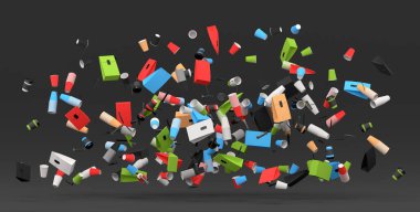 Kapuçino, americano, espresso, mocha, latte, kakao ve siyah arka planda papaer poşetleri için bir sürü kağıt kahve fincanı. Geri dönüşüm ambalajında 3D konsept paket yiyecek ve içecek hazırlama