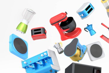 Beyaz arka planda hamur işi yapmak için elektrikli mutfak aletleri ve aletler. Pişirme, pişirme, karıştırma ve kırbaçlama için 3D mutfak gereçleri