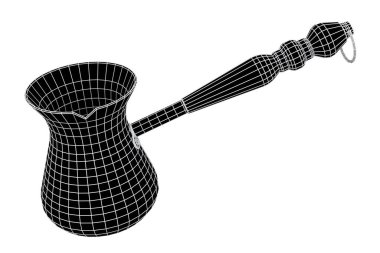 Kumda pişirilen Türk kahvesi ya da beyaz arka planda kahve çekirdeği ile pişirilen kahve. Görünür ve görünmez çizgilerin katmanlarının 3d oluşturma konsepti ayrılır, kablo biçimi