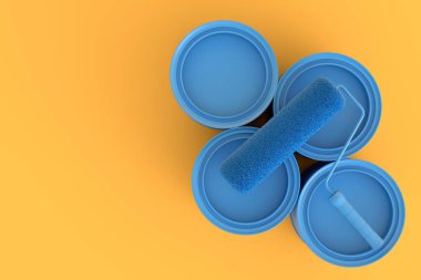 Set of metal cans or buckets with paint roller and brush for painting walls on monochrome background. 3d render of renovation apartment concept and interior design