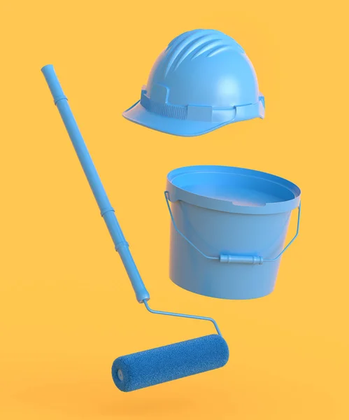 Set of safety helmet, bucket with paint rollers and brushes for painting walls on monochrome background. 3d render of renovation apartment concept and interior design