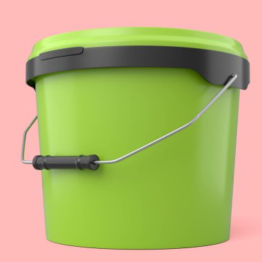 Kapalı plastik kutu ya da pembe arka planda tutacağı olan boya kovaları. 3D yenileme konsepti ve iç tasarım