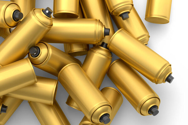 Lots of flying gold spray paint cans on white background. 3d render spray paint bottle and dispenserCan of spray paint isolated on white background. 3d render spray paint bottle and dispenser