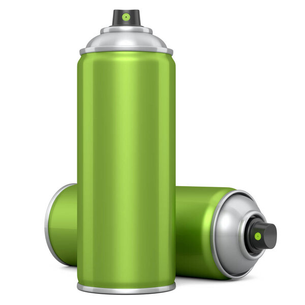 Банки распылительной краски изолированы на белом фоне. 3d визуализировать баллон с краской и диспенсер