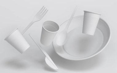 Tek renk arka planda tabak, kaşık, bıçak ve bardak gibi tek kullanımlık aletler. 3D dünyayı kurtarma ve sıfır atık kavramı
