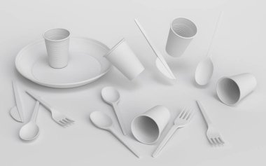 Tek renk arka planda tabak, kaşık, bıçak ve bardak gibi tek kullanımlık aletler. 3D dünyayı kurtarma ve sıfır atık kavramı