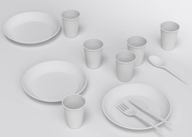 Tek renk arka planda tabak, kaşık, bıçak ve bardak gibi tek kullanımlık aletler. 3D dünyayı kurtarma ve sıfır atık kavramı