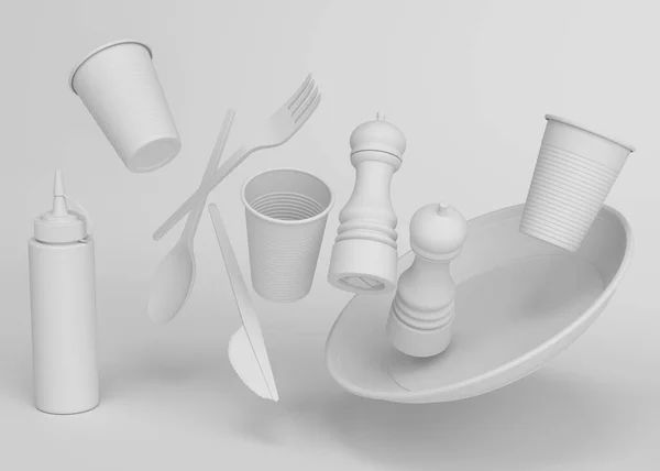 Set of disposable utensils like plate, folk, spoon,knife, cup and pepper and salt mill on monochrome background. 3d render concept of save the earth and zero waste