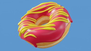 Gri arka planda dönen çikolata kaplı donutla birlikte. 3D tasvir ve pasta ve şekerlemelerin tasviri