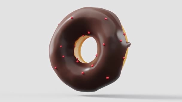 Çikolata Kaplı Donut Beyaz Arka Planda Dönen Parçacıklar Tasvir Pasta — Stok video
