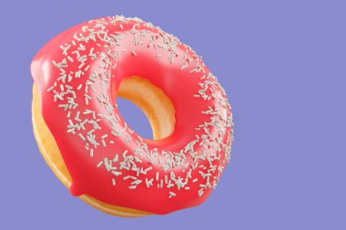 Çikolata kaplı donut, menekşe arkaplanına serpiştirilmiş. 3D tasvir ve pasta ve şekerlemelerin tasviri