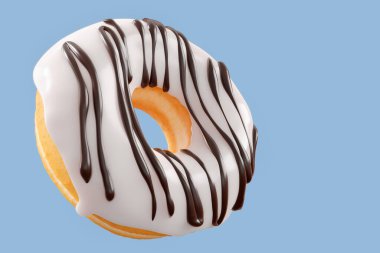 Gri arka planda çikolata kaplı donut serpiştirilmiş. 3D tasvir ve pasta ve şekerlemelerin tasviri