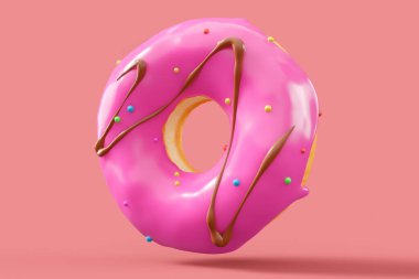 Pembe arka planda çikolata kaplı donut serpiştirilmiş. 3D tasvir ve pasta ve şekerlemelerin tasviri