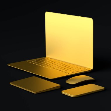 Realistic aluminum laptop with trackpad, mouse and phone isolated on violet background. 3D rendering concept of creative designer equipment and compact workspace