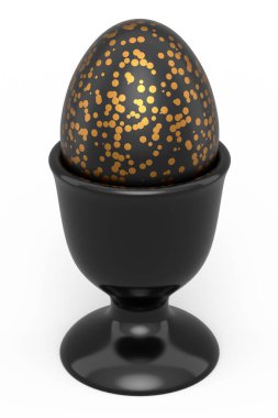 Yumurta kabında altın ve siyah desenli Paskalya yumurtası beyaz arka planda izole edilmiş. Davetiye, kart, menü, broşür, afiş, poster, fiş için 3d Mutlu Paskalya zarif tasarım tasarımı